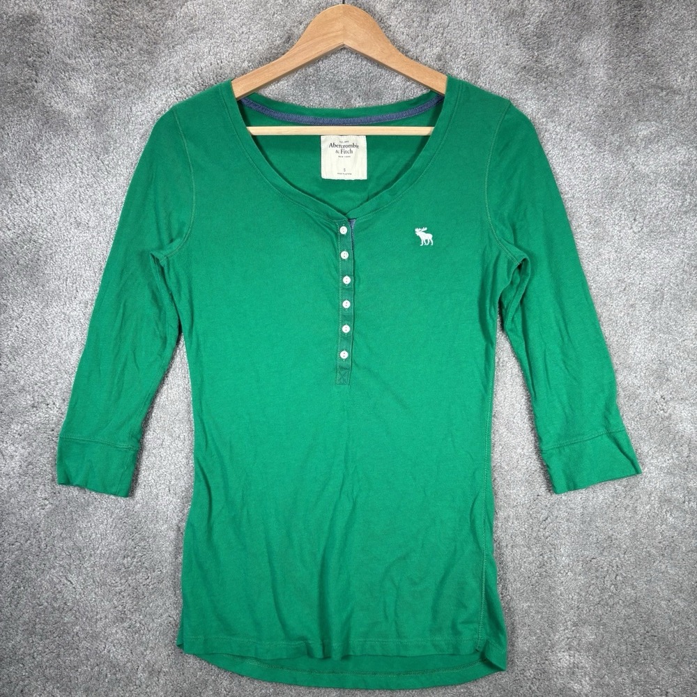 Vintage Abercrombie & Fitch Shirt Top Women S Green Henley 3/4 Sleeve Fitted Y2K